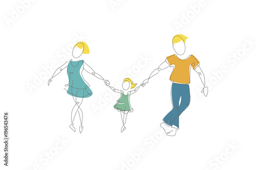 Continuous line drawing of happy family. Father, mother and daughter. Color drawing.