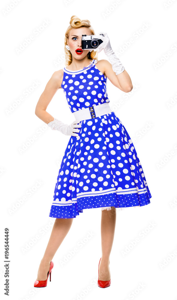 woman with no-name camera, taking picture, in pin-up style