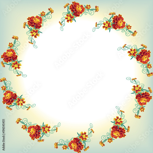 Round wreath from orange marigold flowers, marigold, leaves and curly stems i