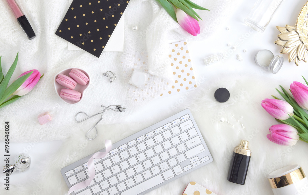 Styled desk scene - flatlay with pink roses Styled desk scene - flatlay with pink roses