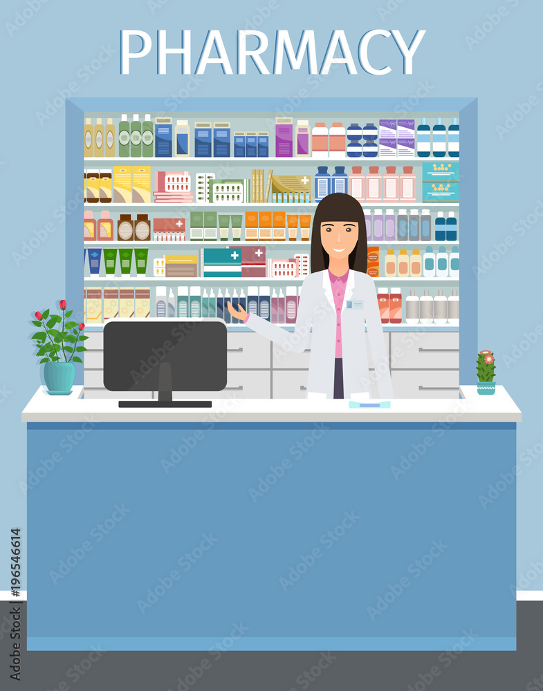 Pharmacy interior design with pharmacist female character at the counter. Drugstore interior with showcases. Pharmacy interior design with pharmacist female character at the counter. Drugstore interior with showcases.
