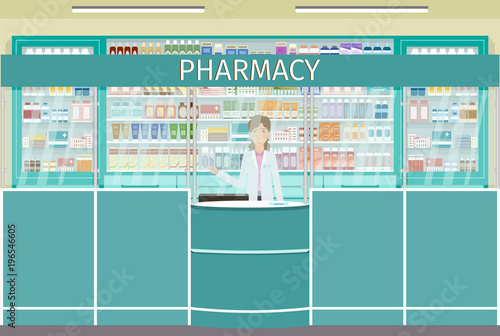 Pharmacy counter with pharmacist female character. Drugstore interior with showcases with medicines.