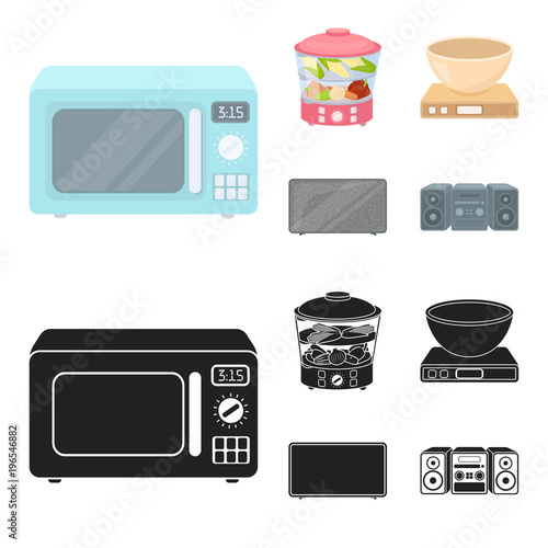 Steamer, microwave oven, scales, lcd tv.Household set collection icons in cartoon,black style vector symbol stock illustration web.