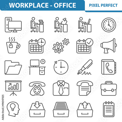 Office and Workplace Icons, Professional, pixel perfect icons depicting various office, job, career and workplace concepts. EPS 8 format.