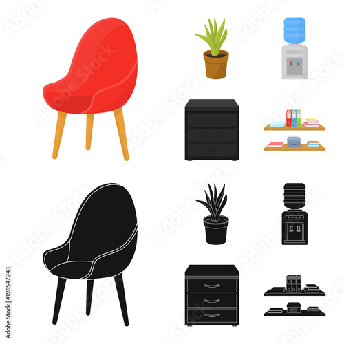 A red chair with a comfortable back, an aloe flower in a pot, an apparatus with clean water, a cabinet for office papers. Office Furniture set collection icons in cartoon,black style vector symbol