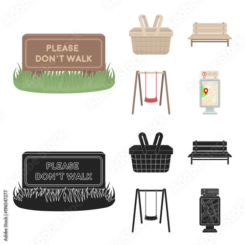 Lawn with a sign, a basket with food, a bench, a swing. Park set collection icons in cartoon,black style vector symbol stock illustration web.