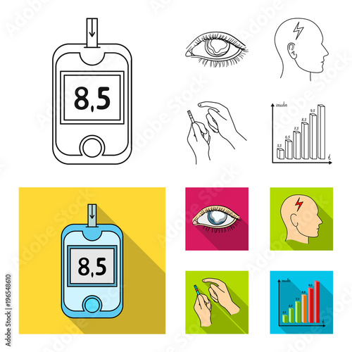 Poor vision, headache, glucose test, insulin dependence. Diabetic set collection icons in outline,flat style vector symbol stock illustration web.