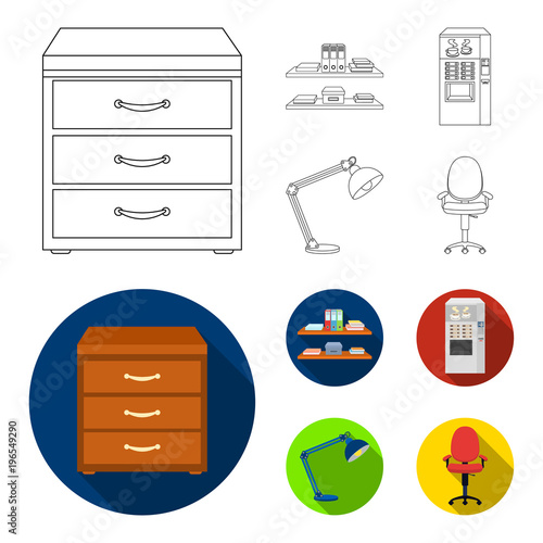 Shelves, folders and notebooks with business records, a coffee machine with cups, an armchair with a backrest on wheels, a desk lamp. Office Furniture set collection icons in outline,flat style vector