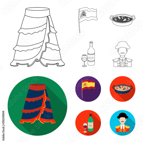Flag with the coat of arms of Spain, a national dish with rice and tomatoes, a bottle of wine with a glass, a bullfighter, a matador. Spain country set collection icons in outline,flat style vector