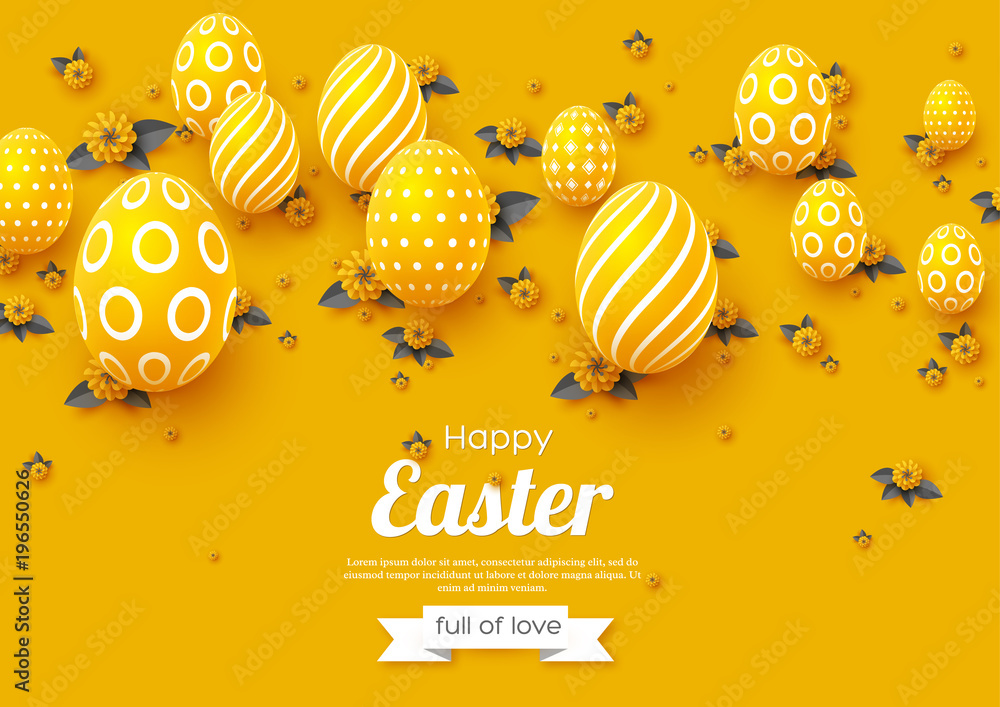 Fototapeta premium Easter holiday greeting card. Paper cut flowers yellow and grey colors with 3d eggs, holiday background. Vector illustration.