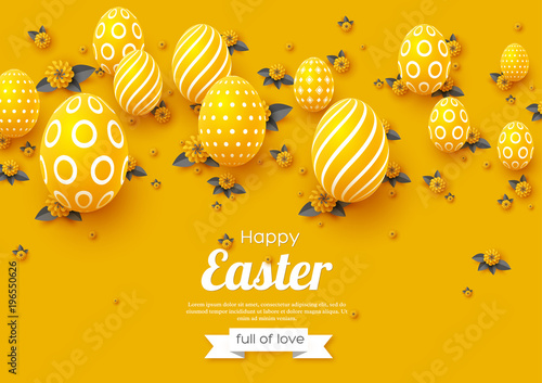 Easter holiday greeting card. Paper cut flowers yellow and grey colors with 3d eggs, holiday background. Vector illustration.