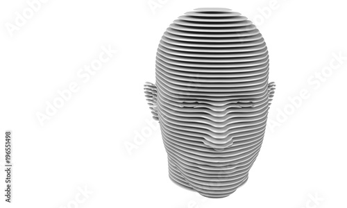 3d model of a humane head with colored skin isolated on white. it is a man face with bold head staring at various angles looking strait.