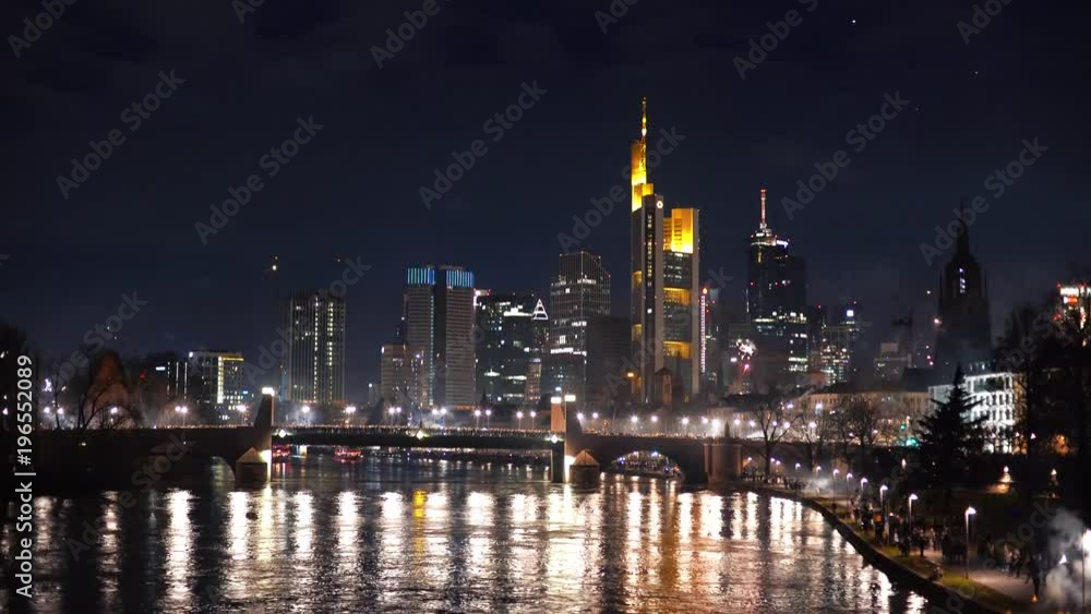 Frankfurt skyline with a firework show during New Year's Eve. Frankfurt skyline with a firework show during New Year's Eve.