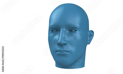 3d model of a humane head with colored skin isolated on white. it is a man face with bold head staring at various angles looking strait.