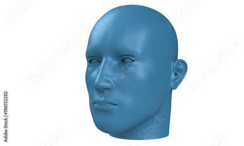 3d model of a humane head with colored skin isolated on white. it is a man face with bold head staring at various angles looking strait.