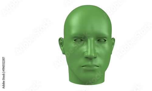 3d model of a humane head with colored skin isolated on white. it is a man face with bold head staring at various angles looking strait.