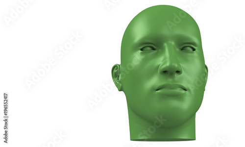 3d model of a humane head with colored skin isolated on white. it is a man face with bold head staring at various angles looking strait.