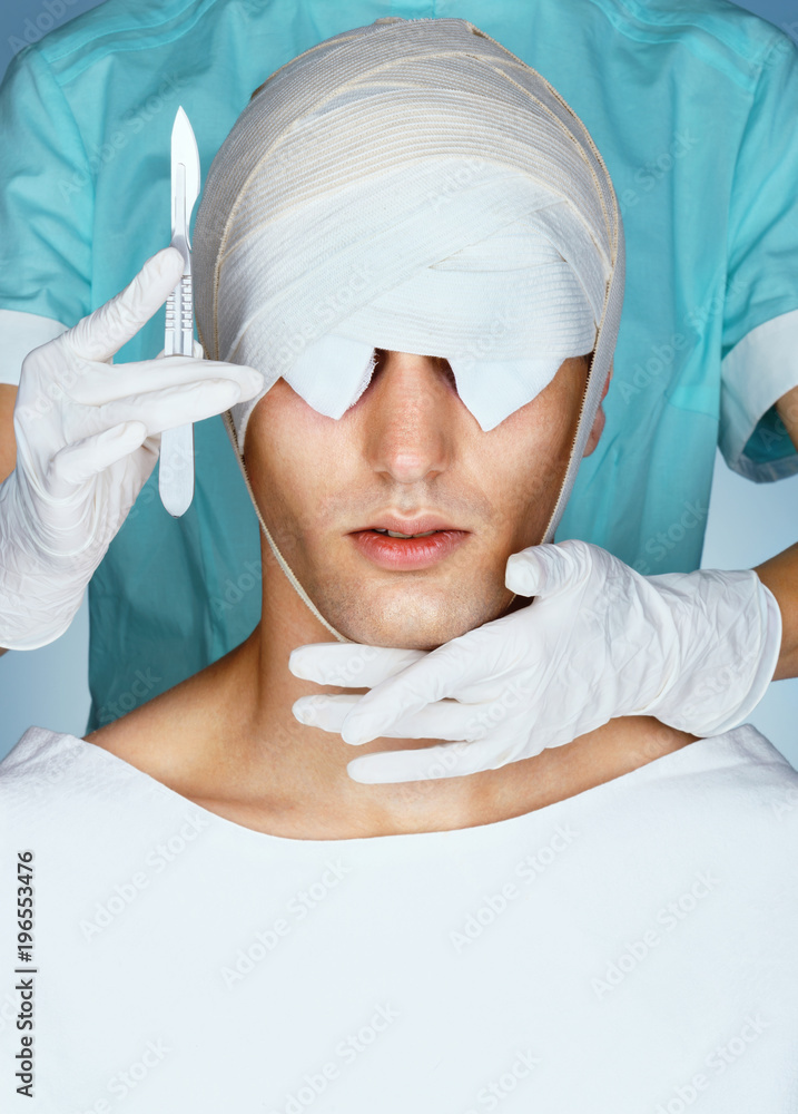 Patient with medical Bandage on his Eyes after cosmetic operation. Close up  of bandaged face before Plastic Surgery. Beauty concept. Photos | Adobe  Stock