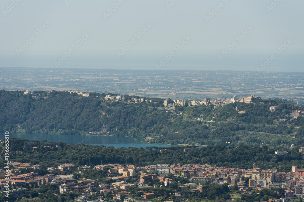 Aerial image of with the caldera named Lago Albano (Lake Albano) in front