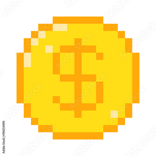 Vector 8 bit pixel art dollar icon. Color concept of dollar currency. 