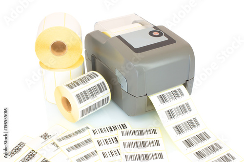White label rolls, printed barcodes and printer isolated on white background with shadow reflection. White reels of labels with printer. Labels for direct thermal or thermal transfer printing. 