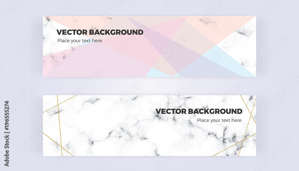 Geometric designs banner in gold, glitter, cream, light blue, pastel pink and marble texture background. Template for  designs, card, flyer, invitation, party, birthday, wedding, email, web