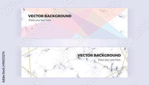 Geometric designs banner in gold, glitter, cream, light blue, pastel pink and marble texture background. Template for designs, card, flyer, invitation, party, birthday, wedding, email, web