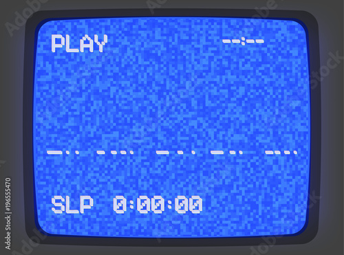 Vector VHS blue intro screen of a videotape player with noise flickering. Retro 80 s style vintage blue pixel art background.