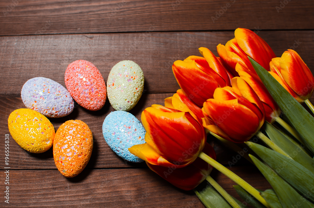 spring tulips and easter eggs. Traditional Christian Easter holiday spring tulips and easter eggs. Traditional Christian Easter holiday