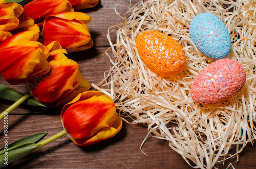 spring tulips and easter eggs. Traditional Christian Easter holiday