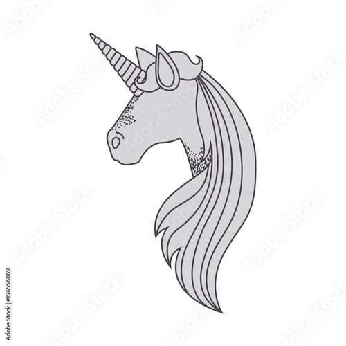 white background with gray faceless side view of unicorn and long striped mane vector illustration