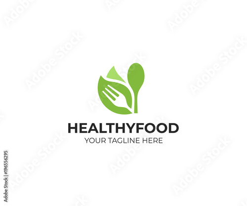 Healthy food logo template. Organic food vector design. Fork, spoon and leaves logotype