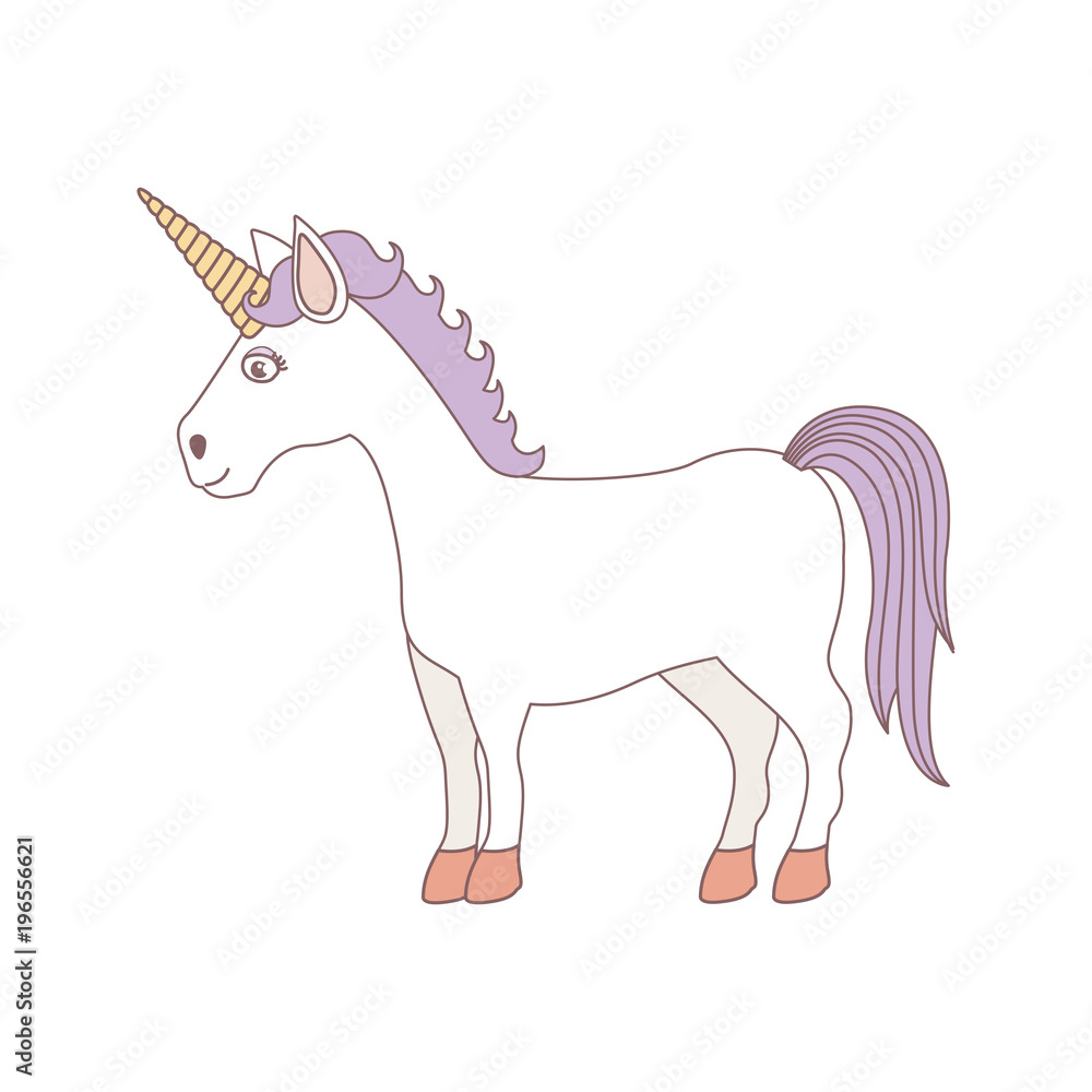 white background with caricature unicorn standing and purple mane vector illustration