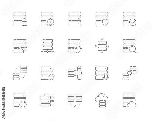 Simple set of Database related vector line web icons. Contains such Icons as Synchronization, Download database, Backup, Data transfer, Scale and more. Editable Stroke. 48x48 Pixel Perfect.
