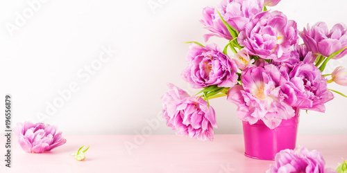 Beautiful Bunch of Peony Style Tulips on the Pink Pot