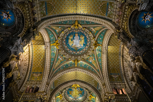 Ceiling of basilica Notre-Dame de Fourrière in Lyon, France, golden ornaments