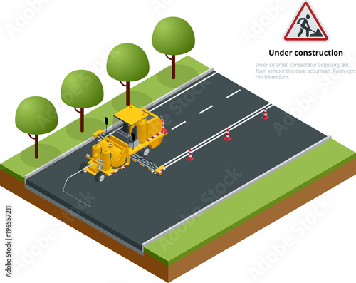 Isometric Pavement Asphalt Road Marking Paint and Striping with Thermoplastic Spray Applicator Machine during highway construction works.