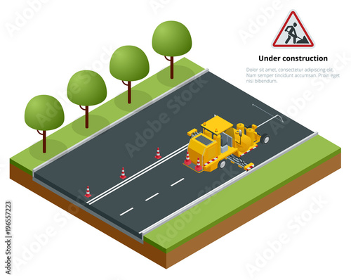 Isometric Pavement Asphalt Road Marking Paint and Striping with Thermoplastic Spray Applicator Machine during highway construction works.