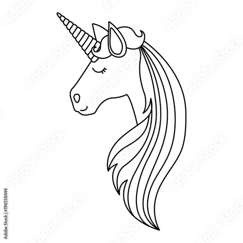 monochrome silhouette of face side view of female unicorn and long striped mane vector illustration