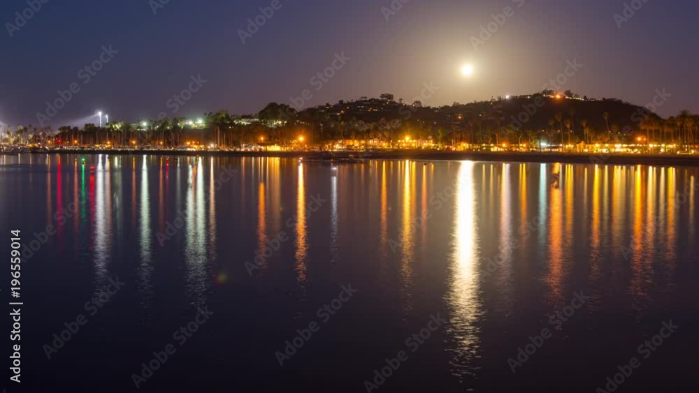 Time-lapse of a full moon setting and boats leaving the Santa Barbara Harbor at sunrise in Santa Barbara, California. Time-lapse of a full moon setting and boats leaving the Santa Barbara Harbor at sunrise in Santa Barbara, California.