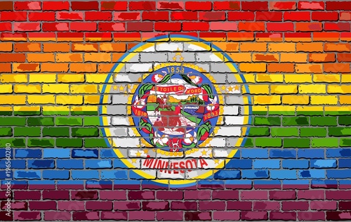 Brick Wall Minnesota and Gay flags - Illustration,
Rainbow flag on brick textured background, 
Abstract grunge Minnesota Flag and LGBT flag