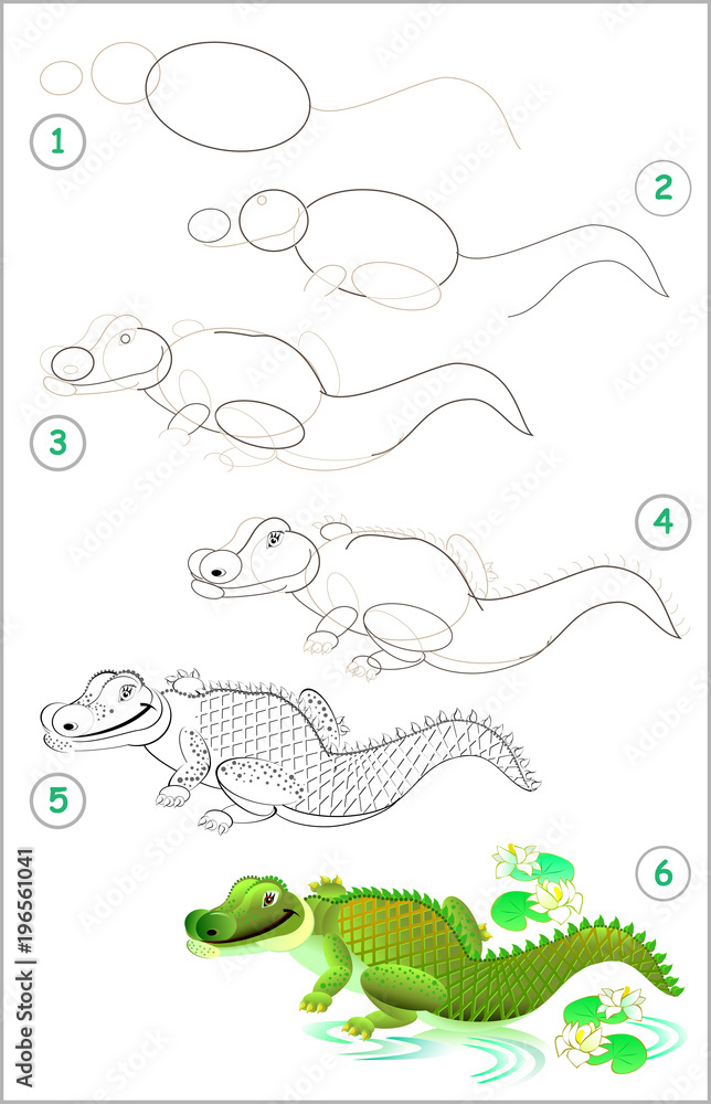Naklejka premium Page shows how to learn step by step to draw a cute crocodile. Developing children skills for drawing and coloring. Vector image.
