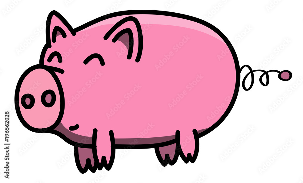 Hand drawn pink, clean, shiny and happy fat pig animal outline in cartoon style, colored illustration for kids Hand drawn pink, clean, shiny and happy fat pig animal outline in cartoon style, colored illustration for kids
