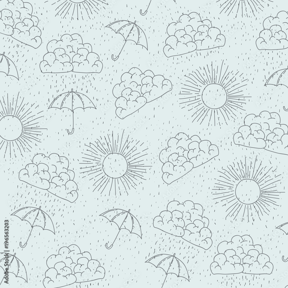 monochrome background with pattern of sun and clouds and umbrellas vector illustration