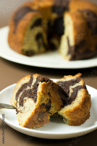 Homemade banana chocolate bundt cake ready to serve photo