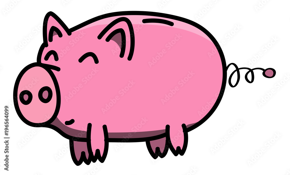 Hand drawn pink, clean, shiny and happy fat piggybank animal outline in cartoon style, colored illustration for kids. Hand drawn pink, clean, shiny and happy fat piggybank animal outline in cartoon style, colored illustration for kids.