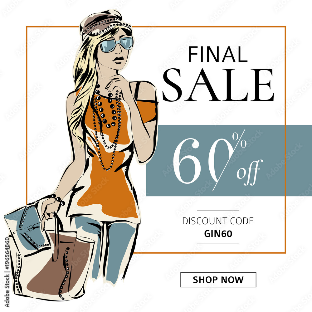 Fashion summer sale banner with woman fashion silhouette, online shopping social media ads web template with beautiful girl. Vector illustration