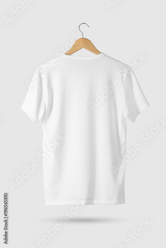 Blank White T-Shirt Mock-up on wooden hanger, rear side view. 3D Rendering.