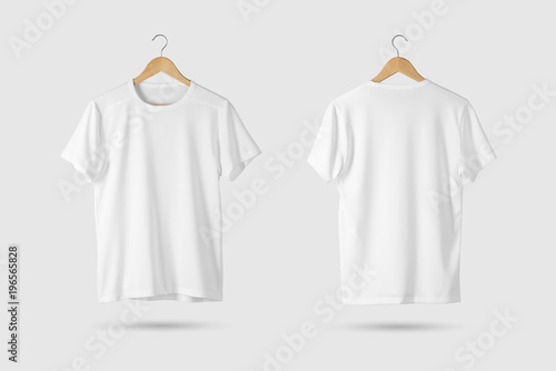 Blank White T-Shirt Mock-up on wooden hanger, front and rear side view. 3D Rendering.