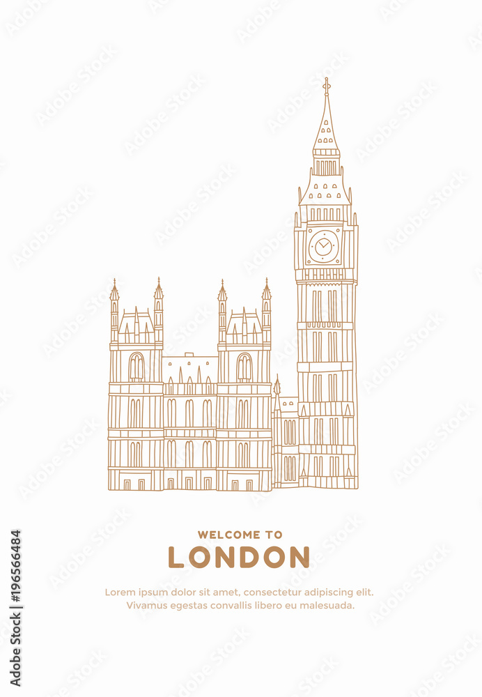Hand drawn line drawing of Parliament of London on white background. Palace of Westminster and Elizabeth tower clock big Ben. Design for travel catalogue, flyers and booklets. Vector illustration.